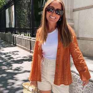 Zara 2 Piece Orange openwork Embroidered Shirt & Pants Co Ord Set Size XS